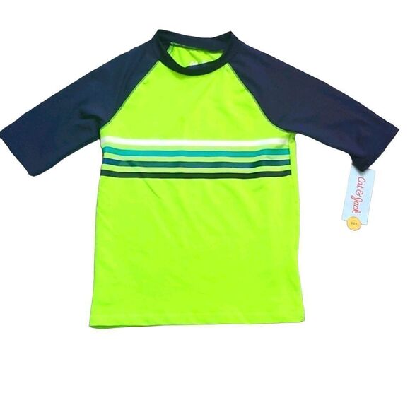 Cat & Jack Kids Green & Navy Striped Swim Rash Guard - Size XL - Picture 1 of 4